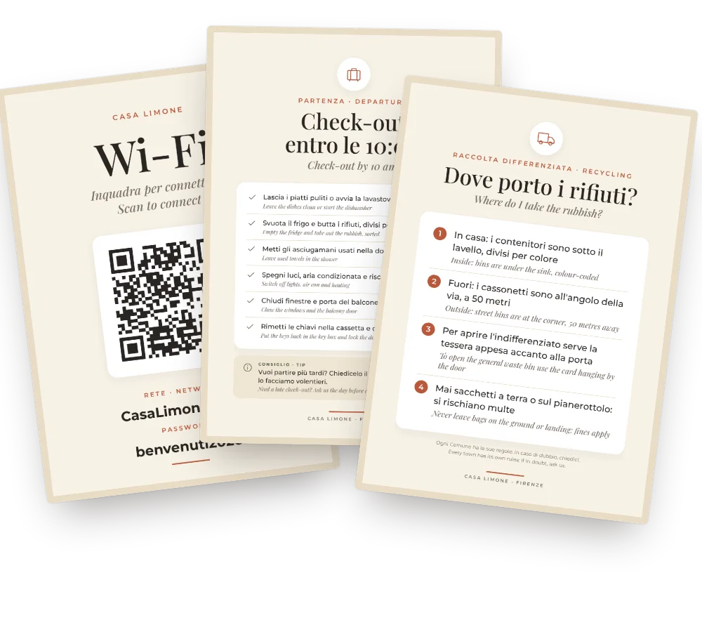 Cartelli wi-fi, check-out e raccolta differenziata in italiano e inglese