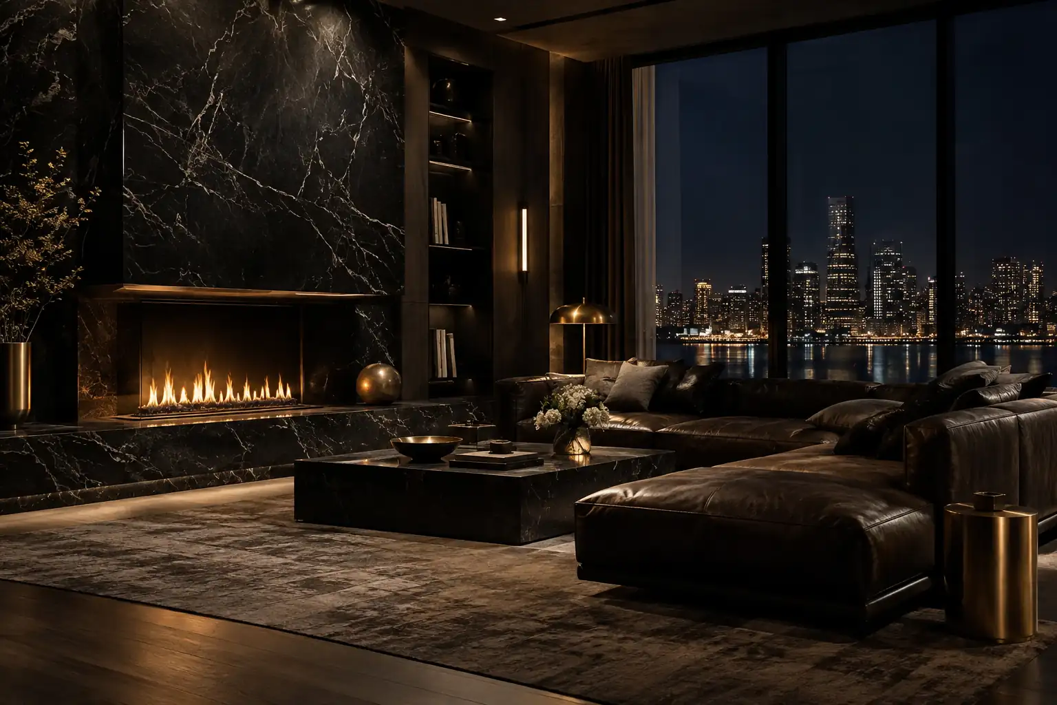 Penthouse living room with black marble fireplace and skyline view