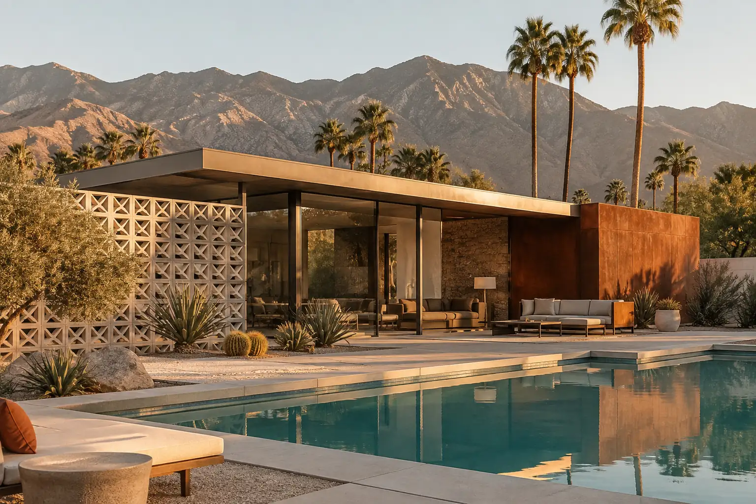 Mid-century pavilion with breeze-block wall, pool and palms beneath the San Jacinto mountains