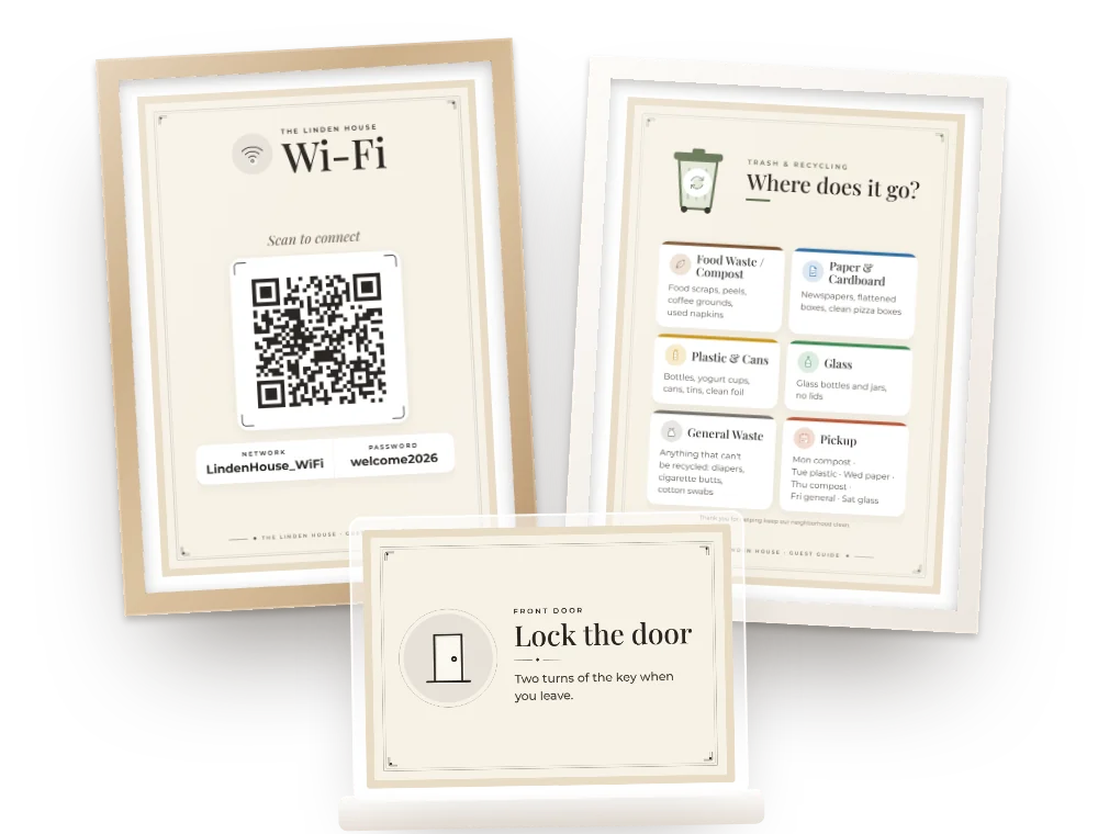 Framed WiFi and recycling signs and a small door sign