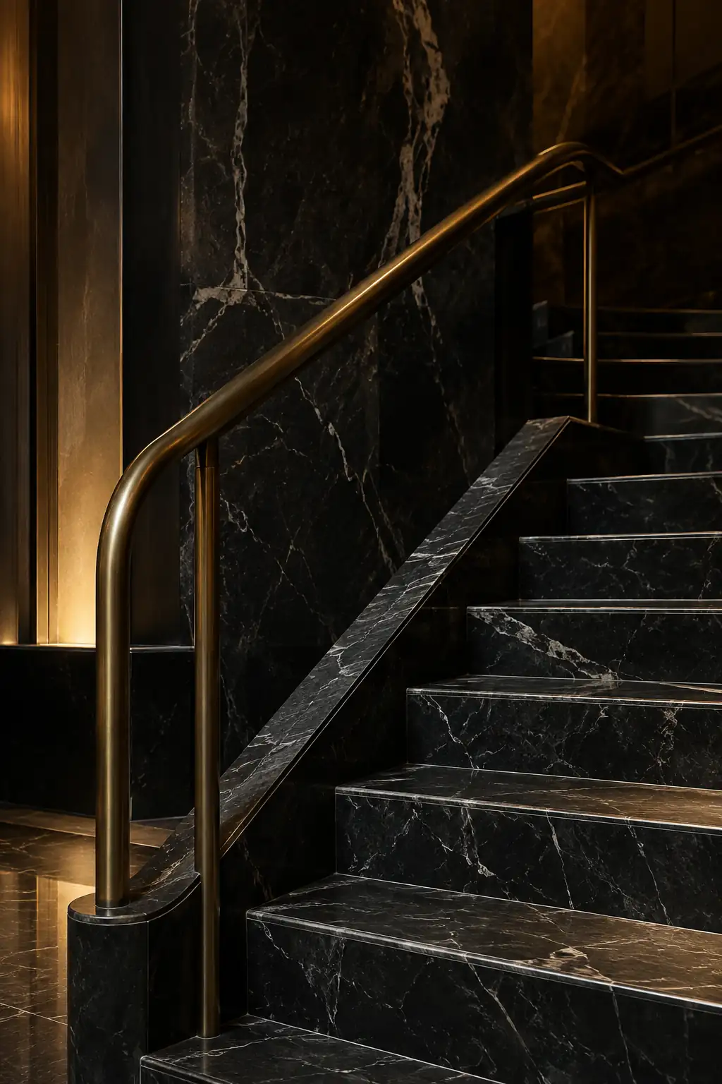 Black marble staircase with a brass handrail