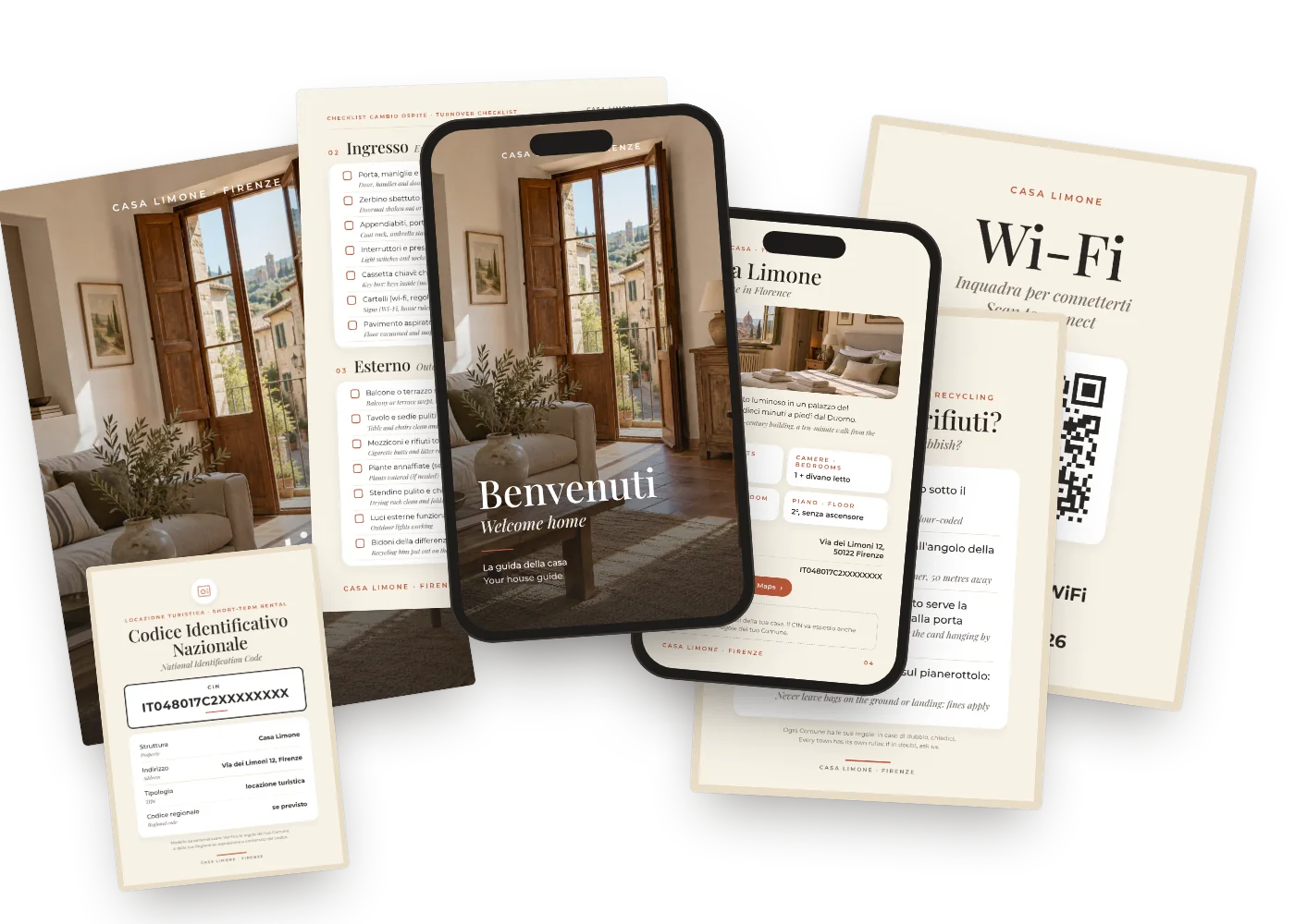 Kit Host: welcome book digitale e da stampare, cartelli wi-fi, rifiuti e CIN, checklist cambio ospite