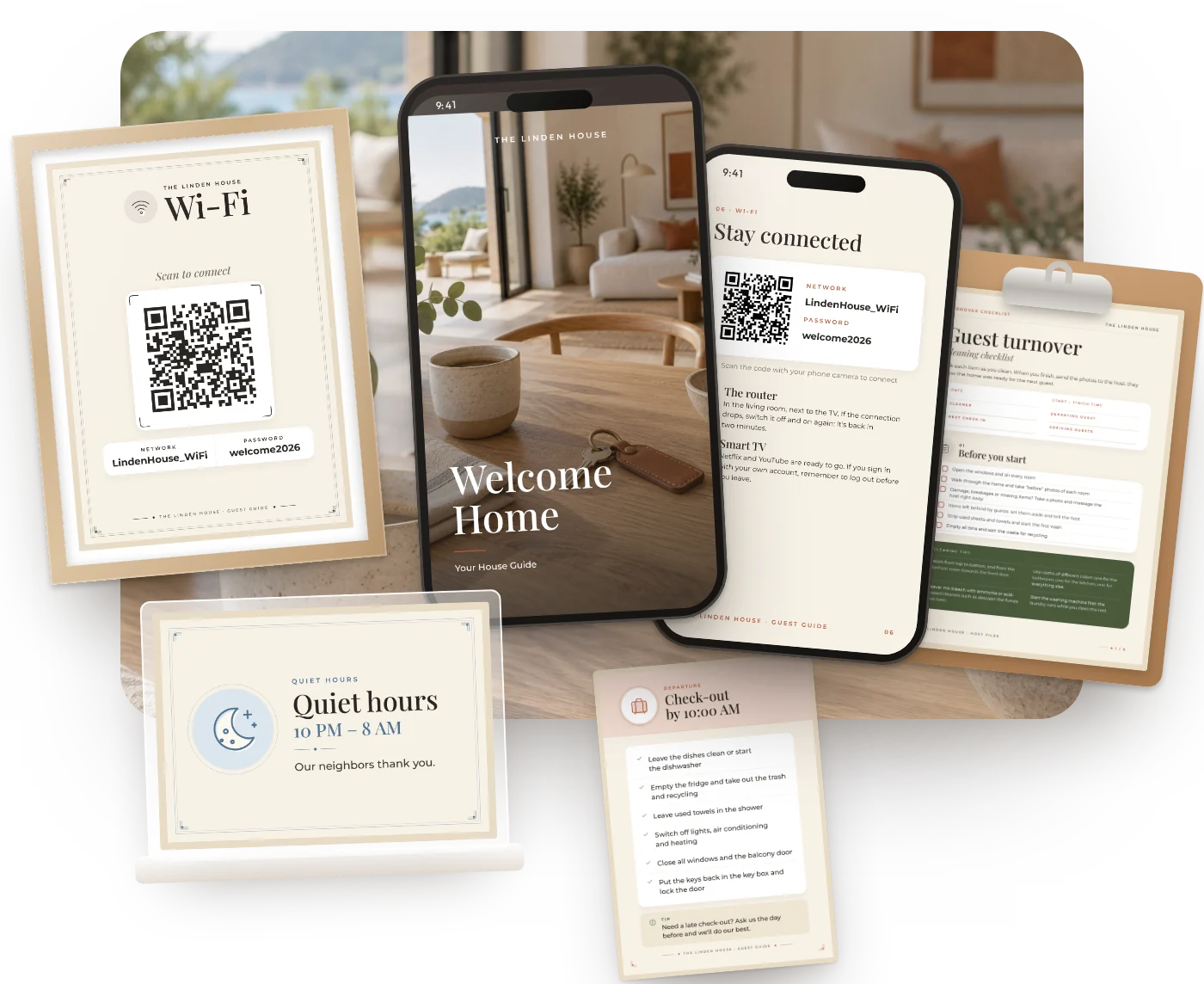 The Polished Host Kit: Welcome Book on a phone, framed WiFi sign, quiet hours sign, check-out sign and turnover checklist