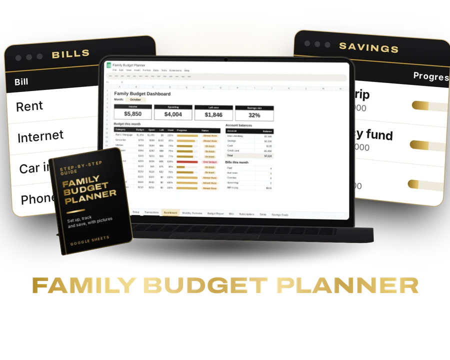Family Budget Planner: dashboard on a laptop, bills and savings trackers, and the step-by-step guide