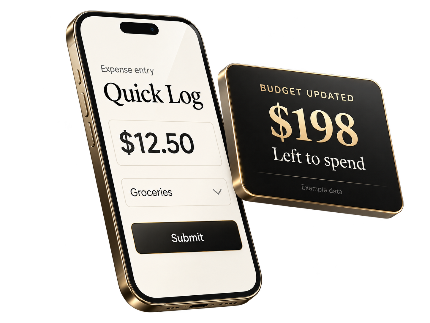 Illustrative Quick Log phone expense entry and automatic planner update