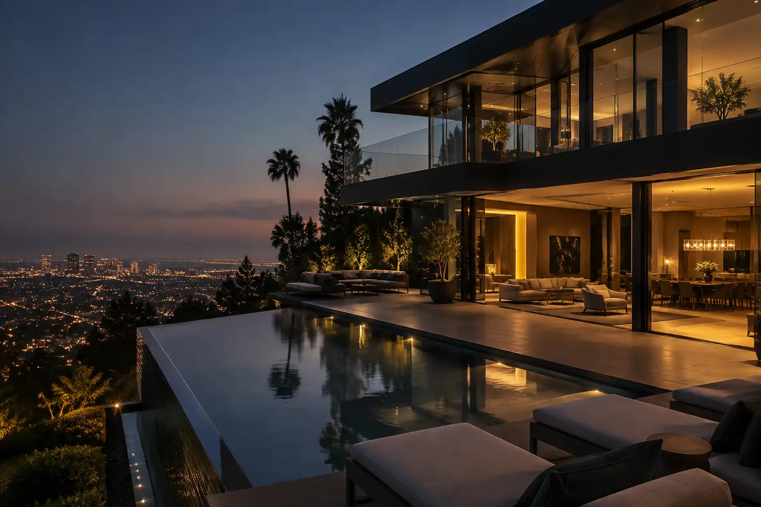 Hillside estate with infinity pool above the lights of Los Angeles at dusk