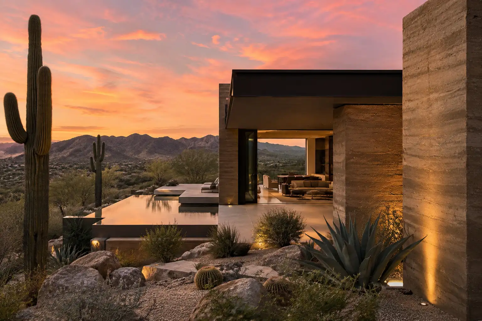 Rammed-earth desert residence at dusk with saguaro cacti
