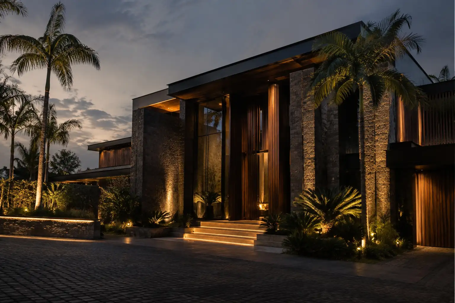 Stone and timber modern estate entrance lit at dusk among palms